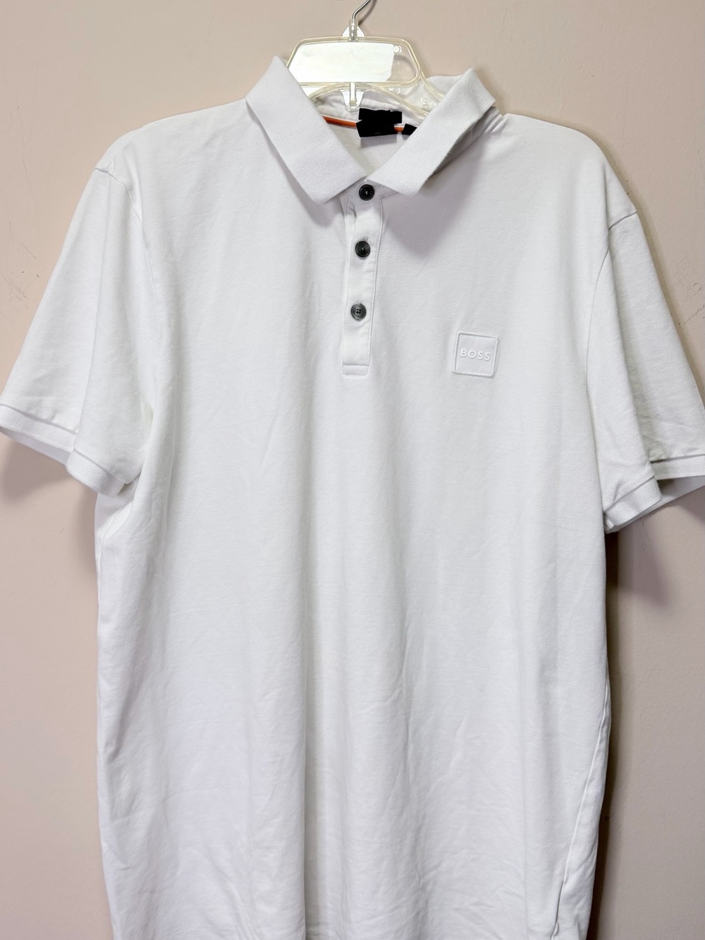 Boss White Short-Sleeve Cotton Polo with Tonal Logo Patch